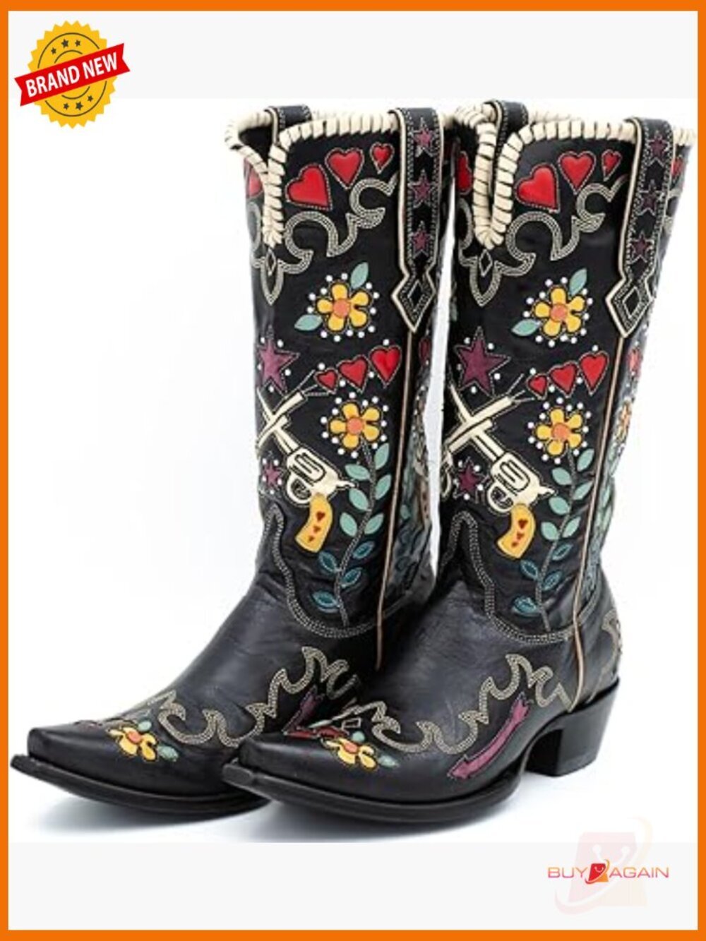 Wide Calf Knee High Western Boots with Floral Embroidery and Chunky Heel
